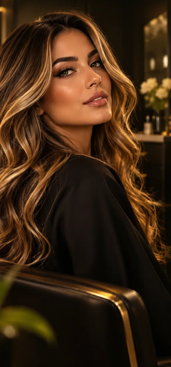 Mulher com cabelo longo ondulado e mechas douradas