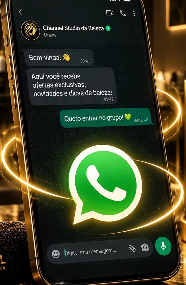 Celular com uma conversa de WhatsApp do Channel sobre uma bancada de salão